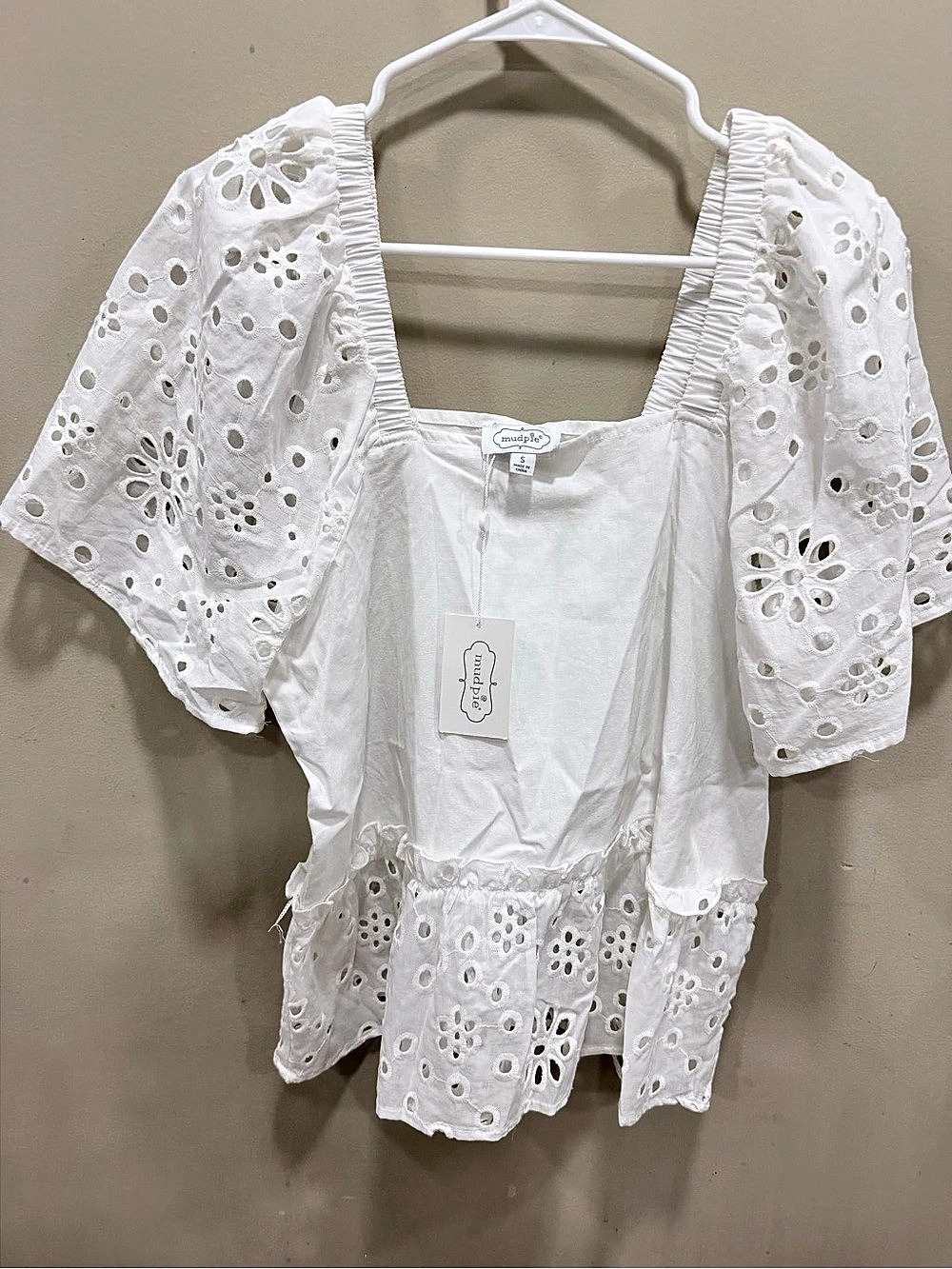 Mud Pie Women'Small Kieran Eyelet Top Kieran Eyelet Puff Sleeve Blouse White